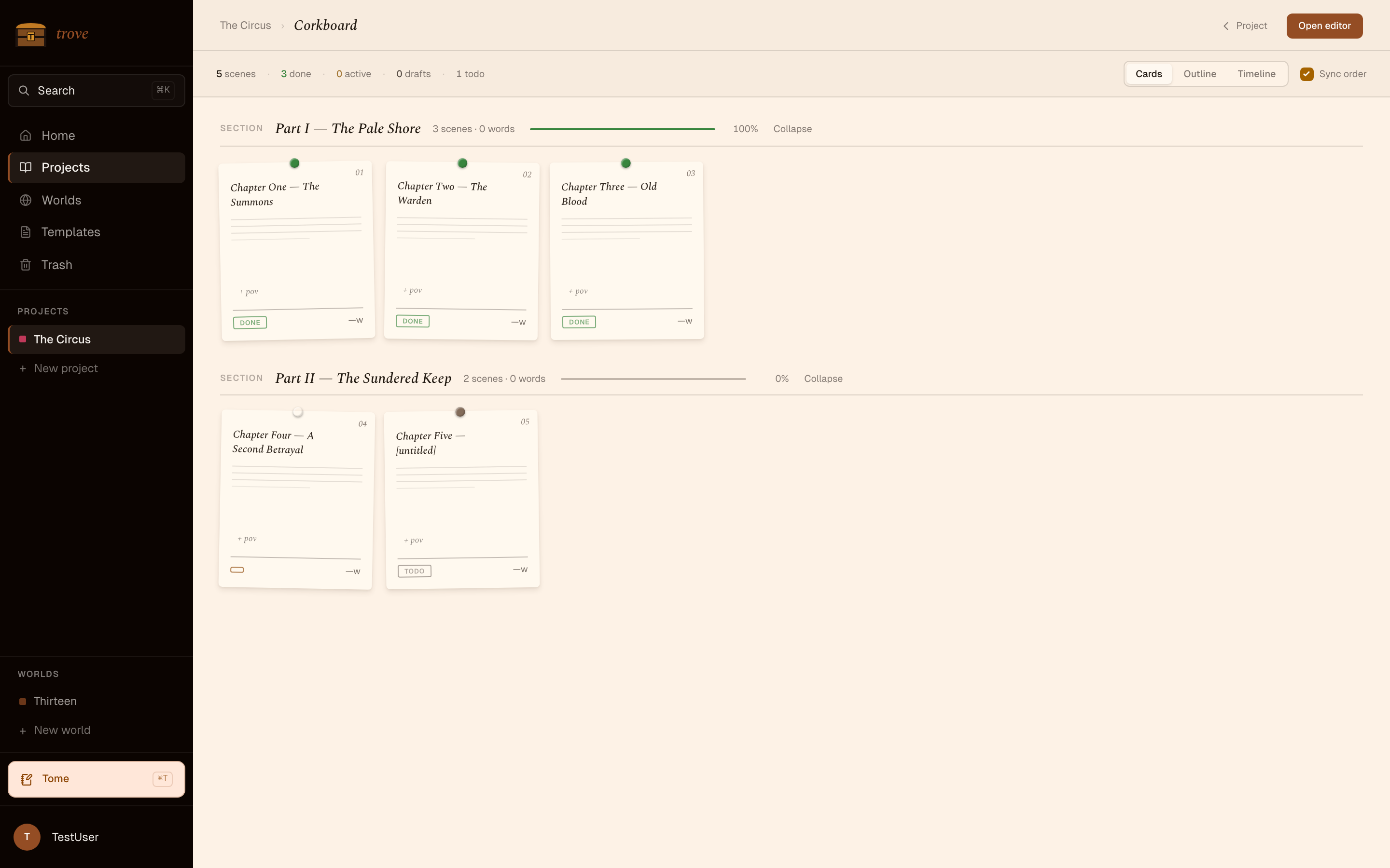 Corkboard view with one card per Document, grouped into Acts