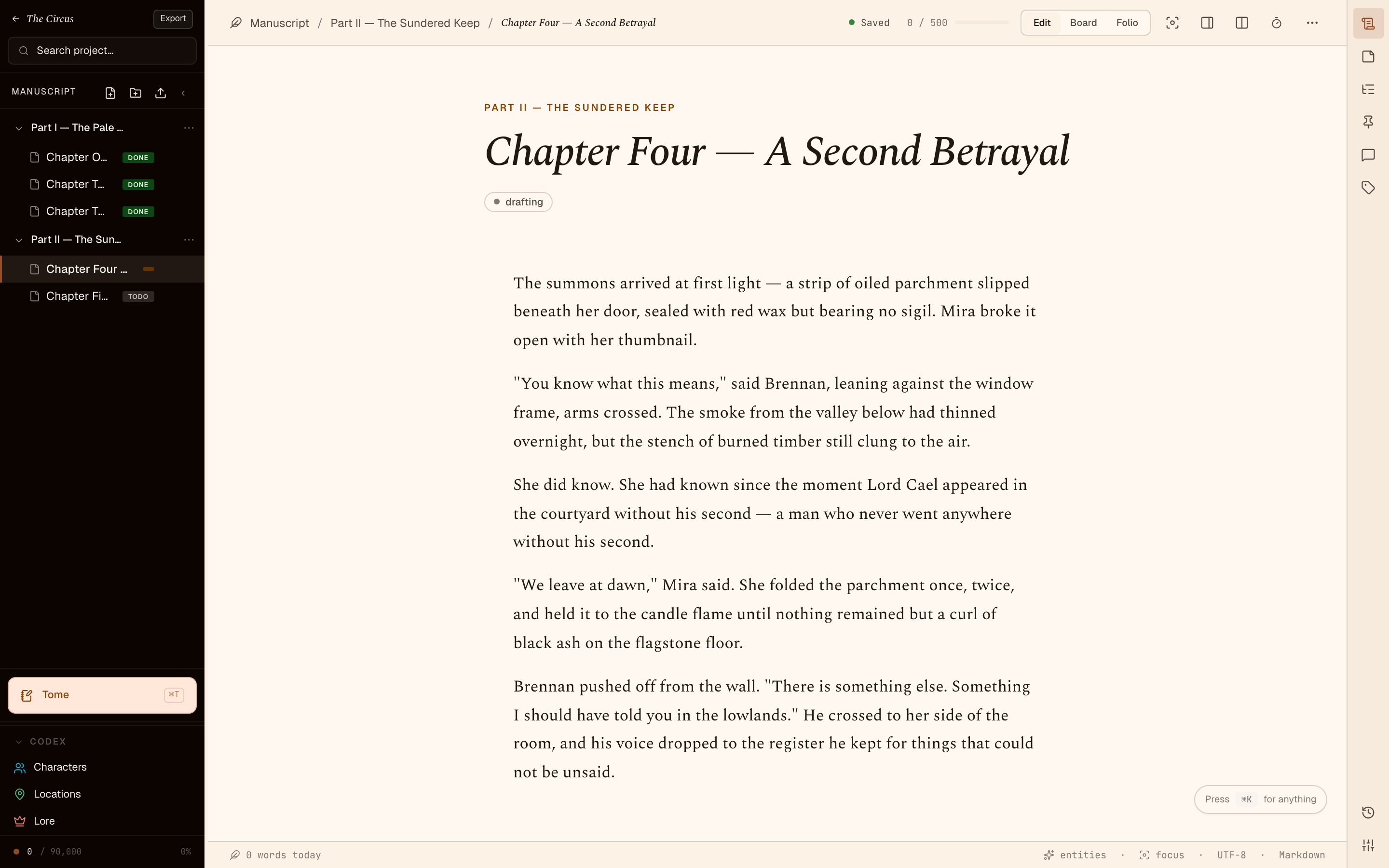 Trove editor showing the Manuscript binder and writing view