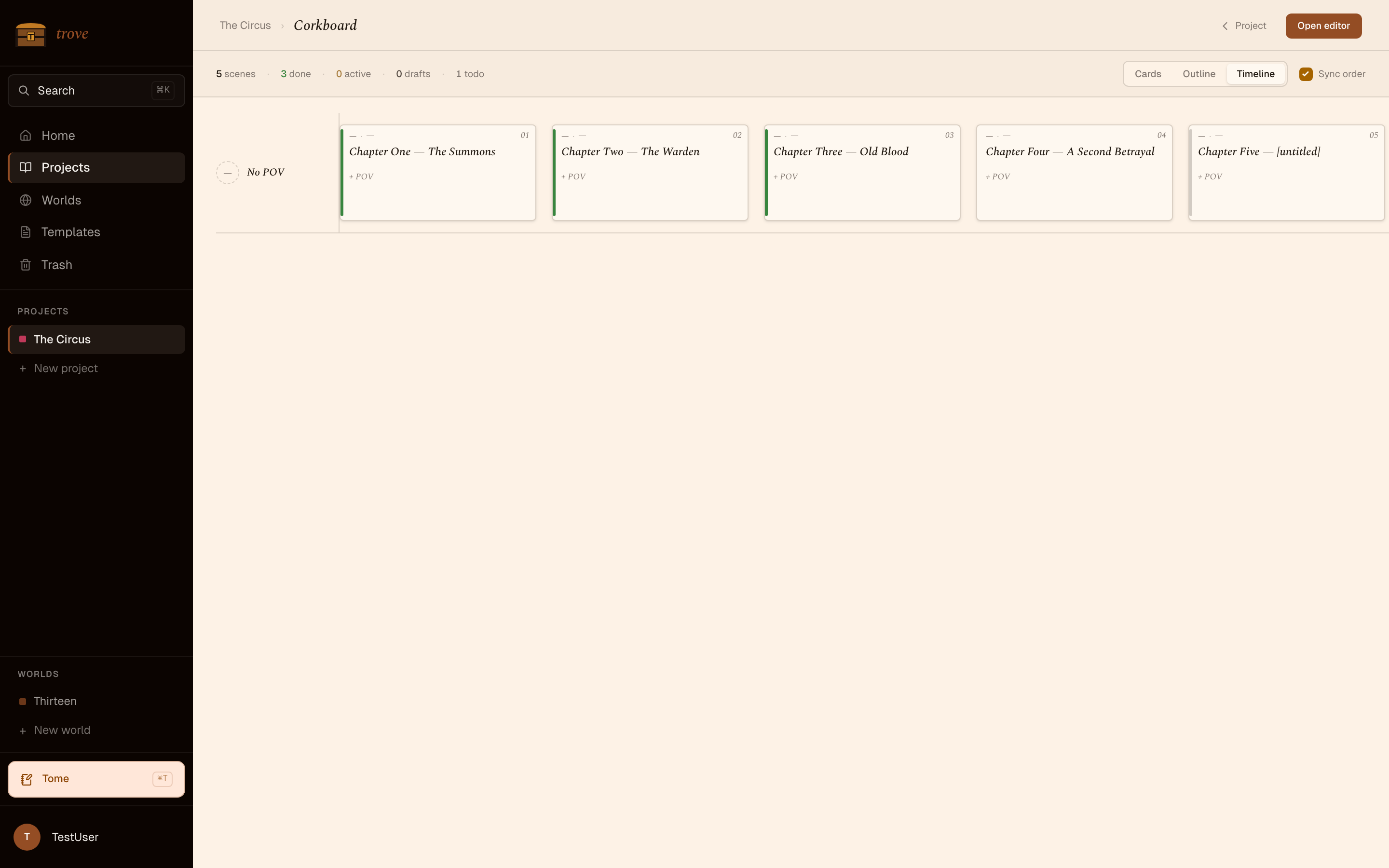 Outline view showing all Documents with status and word count